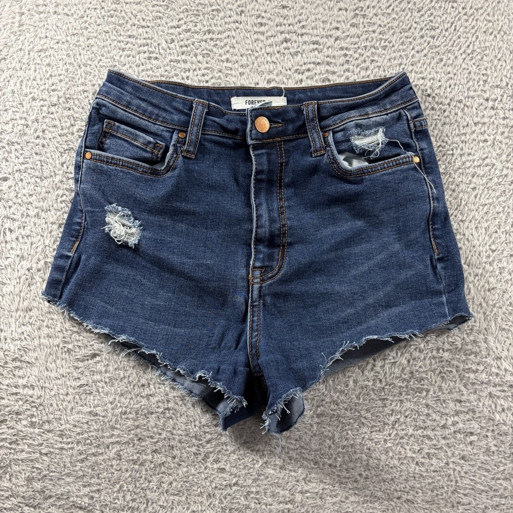 Forever 21 Shorts Women 27  Blue Micro Festival Booty Raw Hem Cut Off Stretch